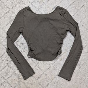 12th Tribe Top Womens L Green Cropped Open Back Tie Ribbed Stretch Ruched Side